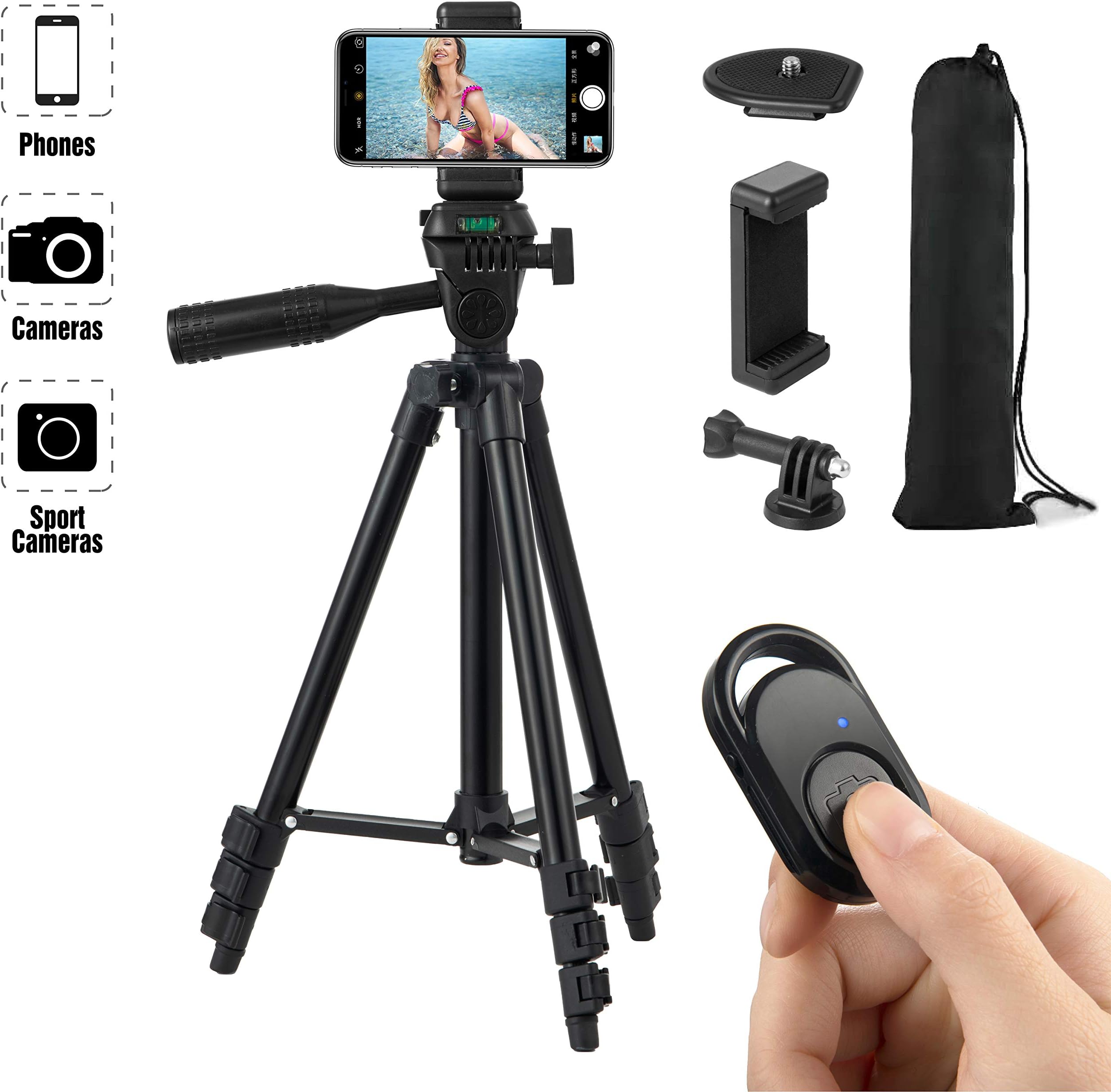 Hitch Phone Tripod,Gopro Tripod 42 Inch 106cm Aluminum Lightweight Smartphone Tripod for Iphone/Samsung/Huawei Cellphone, Camera and Gopro with Bluetooth Remote Control, Carrying Bag and Gopro Mount