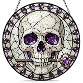 Stelloriellea Gothic Skeleton Stained Glass Window Hanging, Goth Skull with Key Suncatcher Round Glass Wall Art, Purple and White Gothic Sun Catchers Wall Hanging Decorations, 7.9x7.9in