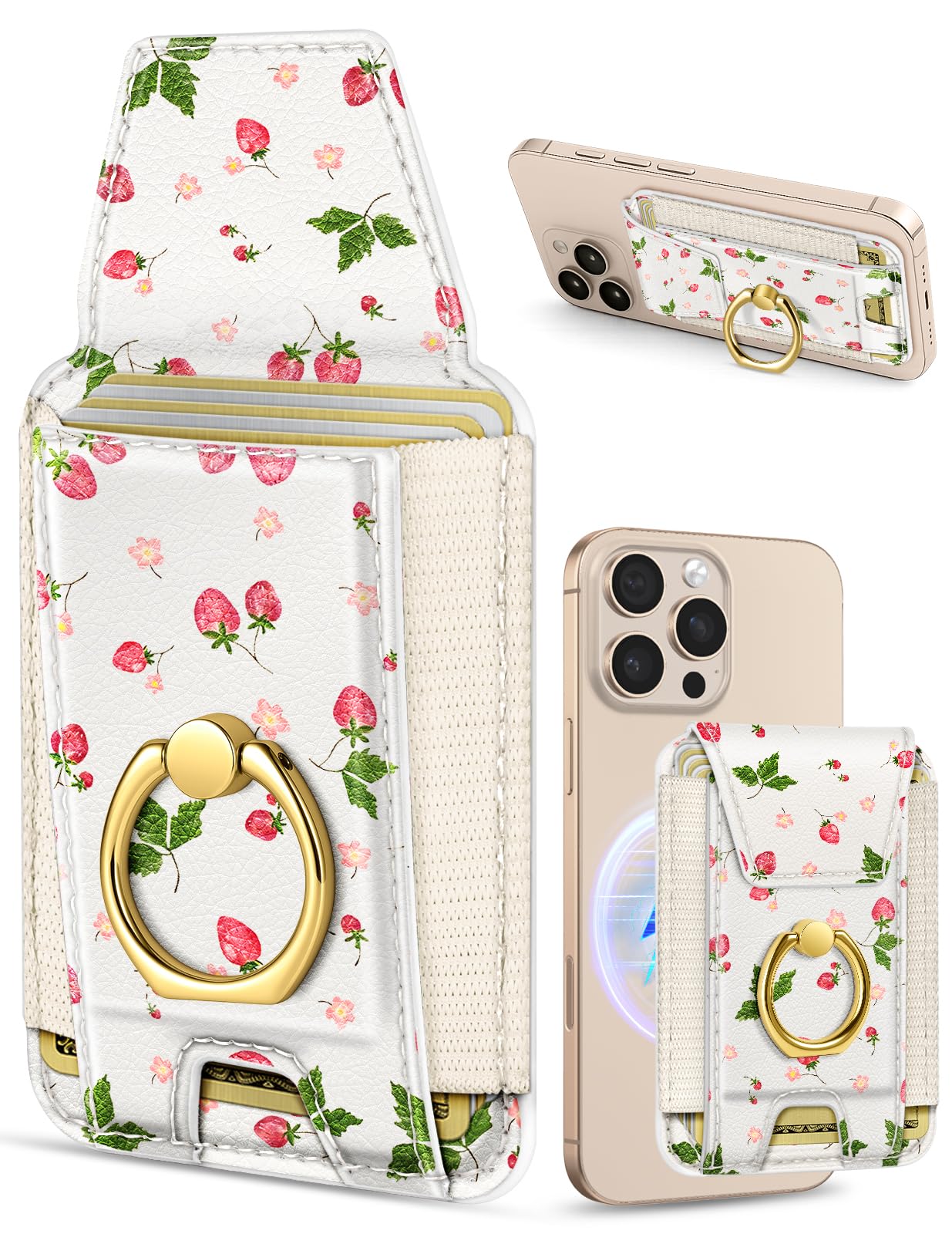 Shorogyt Compatible with Magsafe Wallet with Ring Stand Grip - Cute Magnetic Phone Wallets Card Holder for iPhone 17/16/15/14/13/12 Series for Women Girls Watercolor Strawberry Design, Fit 7 Cards