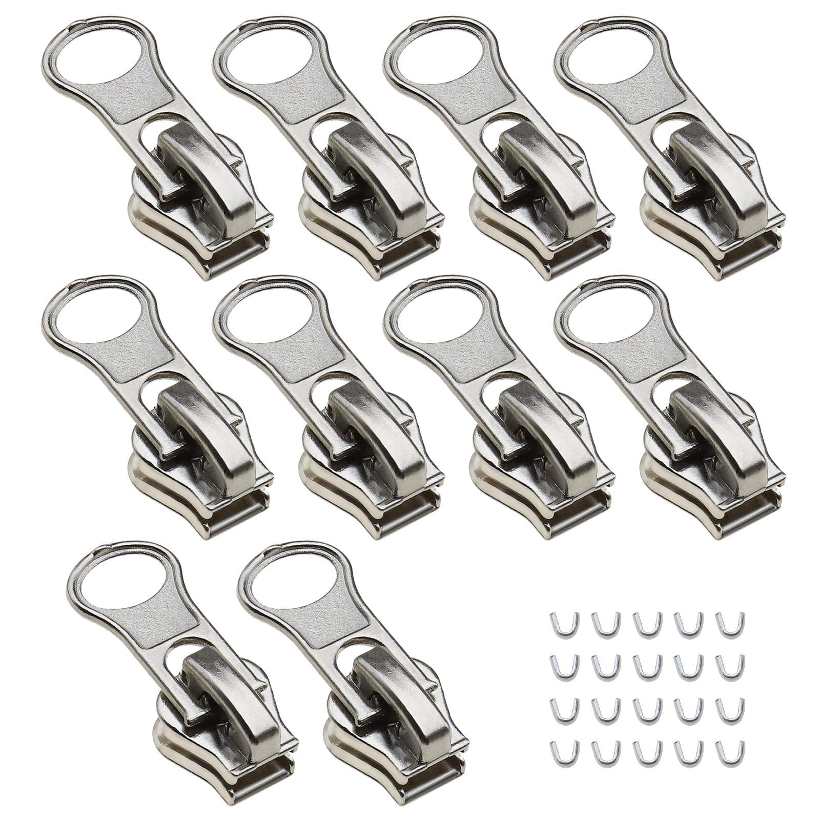 OTOTEC 10x Silver 5# Zippers Repair Kit, Replacement Resin Zips Pulls Sliders with U-Shape Stoppers for Clothes Backpacks 25x11mm