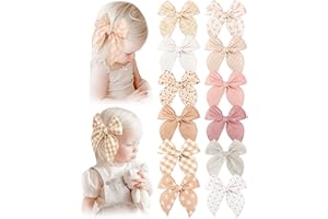 NICEYE Pack of 12 Fable Girls Hair Bows Cotton Linen Alligator Hair Clips or Little Girls Toddlers Kids Neutral Handmade Hair Accessories-5.5 Inches