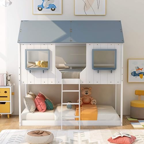 MERITLINE Wood Bunk Bed Frame Twin Over Twin Size House Shaped Low Bunk ...