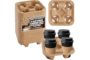 HOUZZKINGZ USA 4 Cup Holders Drink Carrier 8-32 oz | 25 Cup Holder Tray Drink Carrier for Delivery Drinks Hot and Cold Beverages – To Go Disposable Compostable Pulp Fiber Restaurant Supplies, Coffee Shops, Uber Eats