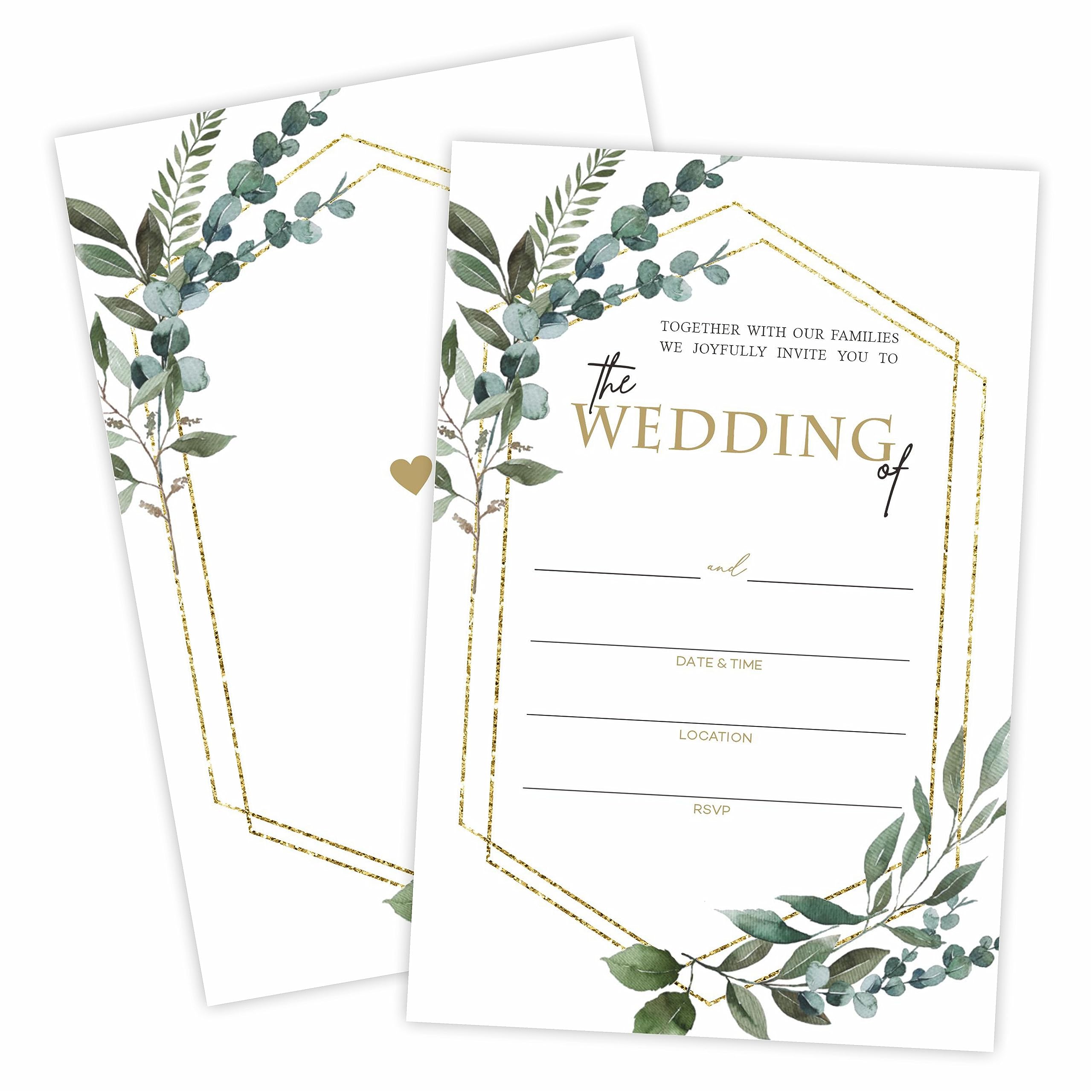 Photo 1 of TPYEN Greenery Wedding Invitations, 25 Eucalyptus & Golden Geometry Wedding Invites With Envelopes, Double-Sided Fill In Style Invites For Mr & Mrs, Party Favor And Supplies - A12