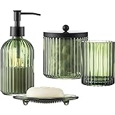 4PCs Heavy Weight Decent Glass Bathroom Accessories Set with Decorative Pressed Pattern - Includes Hand Soap Dispenser &amp; Tumbler &amp; Soap Dish &amp; Toothbrush Holder (Green)