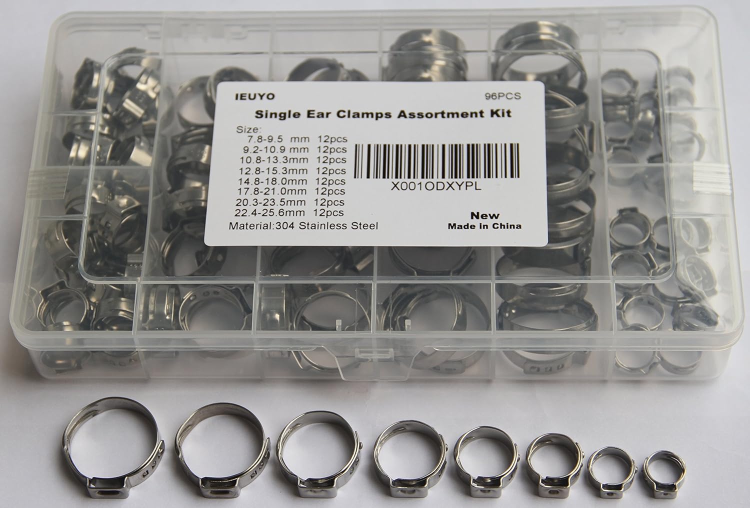 IEUYO Single Ear Hose Clamps Assortment Kit, StepLess Ear Clamps, 304