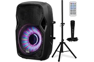 Acoustic Audio by Goldwood 1000W Bluetooth Speaker w/ Flashing LED, Large Plug-In PA System w/ Stand, Mic, & Remote for Karaoke, DJ, or Tailgate Party