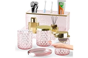 BSSN Glass Bathroom Accessories Set 5Pcs Crystal - Foaming Soap Dispenser, Soap Dish, Cup, Acrylic Toothbrush Holder with Tray Organizer, Qtip Jar, Bathroom Counter Set Sink Decor (Pink)