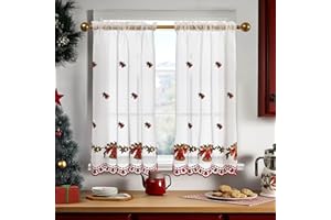 Deconovo Christmas Kitchen Tier Curtains, Embroidered Cafe Tiers, Semi Sheer Window Treatment with Rod Pocket, Light Filtering for Small Windows, Door & Sink Areas, 28W x 36L, Golden Bell, 2 Panels