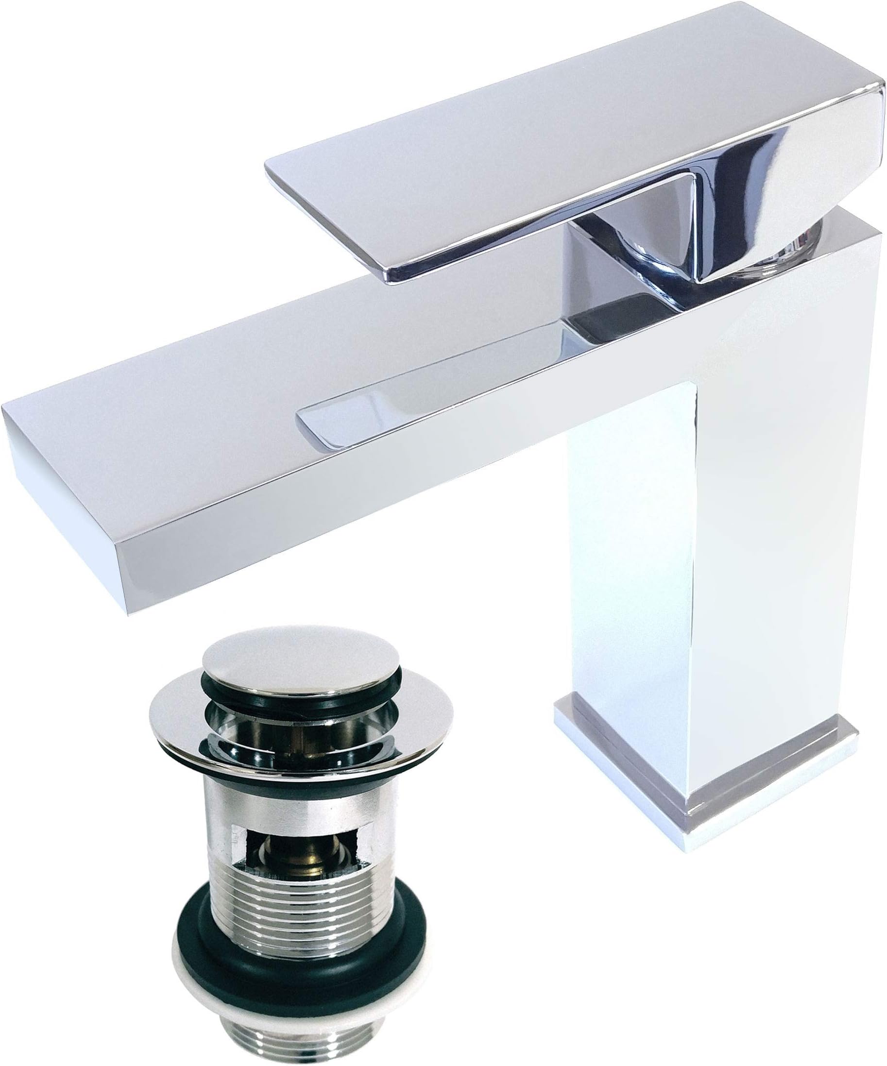 Xcel Home Q7-ITP7-ACX6 CA1036 Square Basin Sink Tap with Waste Round Mixer Mono Bloc Modern Bathroom Cloakroom Faucet, Silver