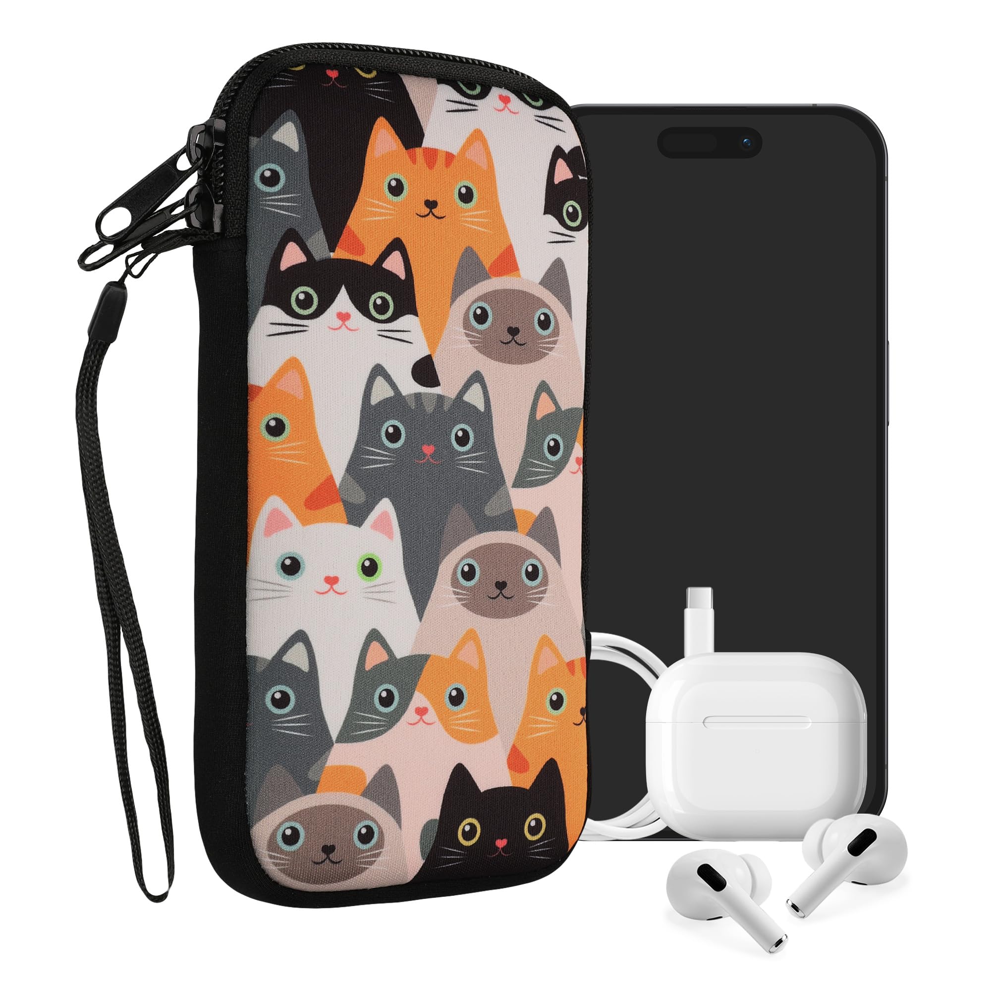 kwmobile Neoprene Sleeve for Smartphone Size XXL - 7" - Shock Absorbing Pouch Case - Protective Phone Bag - Cats Orange/Black/White