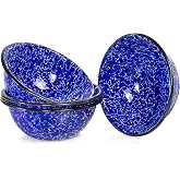 Red Co. Set of 4 Enamelware Metal Classic 20 oz Round Cereal Bowl, Navy Blue Marble/Black Rim - Splatter Design