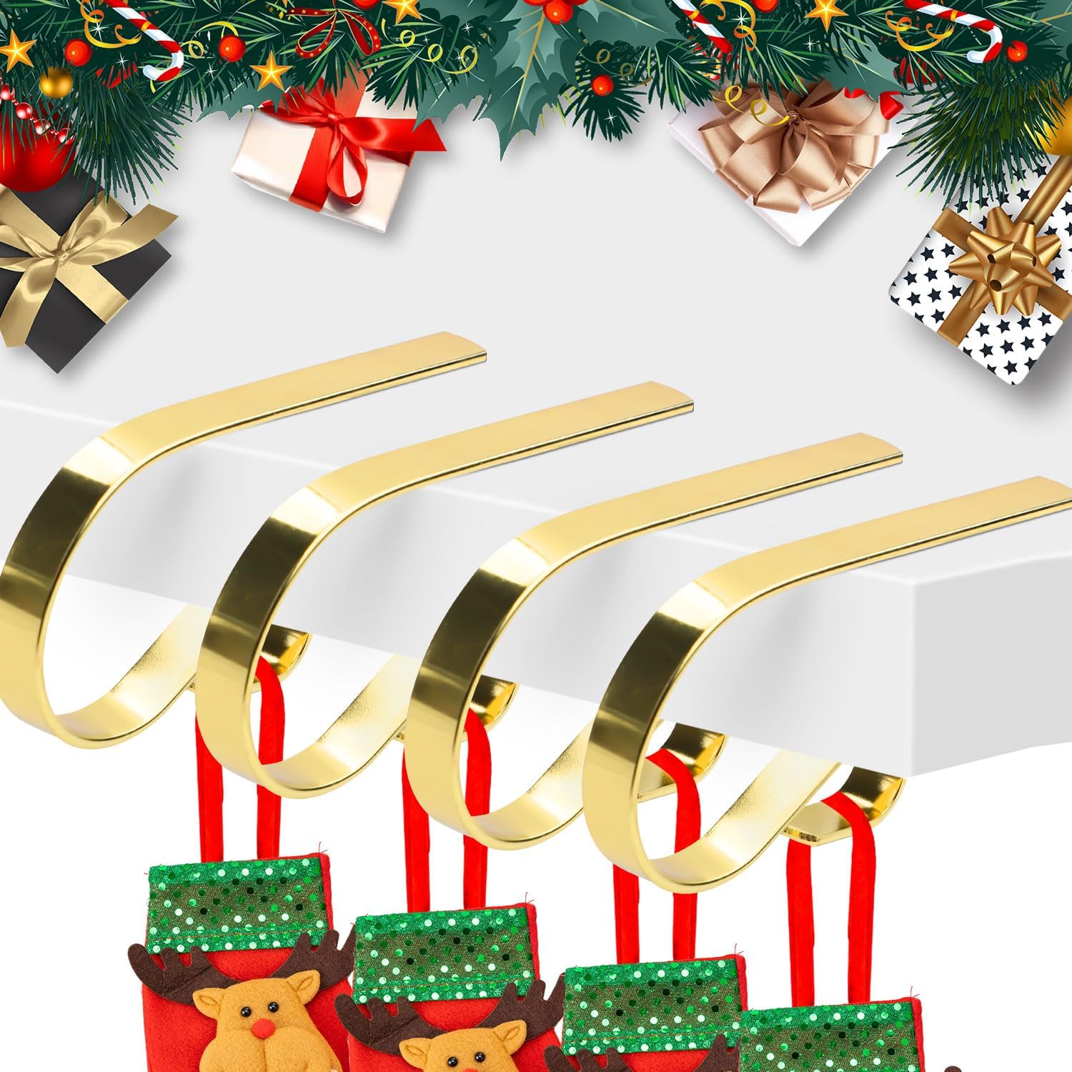 Ornament Hooks - NQEUEPN 8pcs Christmas Stocking Holders, Christmas Fireplace Hooks Stocking Holders for Mantle Christmas Decorations Stocking Hangers Clips for Xmas Party Decor (Gold)