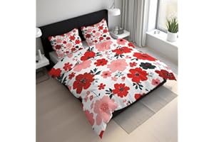 Red Floral Duvet Cover Queen Size, Botanical Flower Bedding Set 3 pcs with 2 Pillow Covers, Plant Floral Bedroom Decor, Soft 