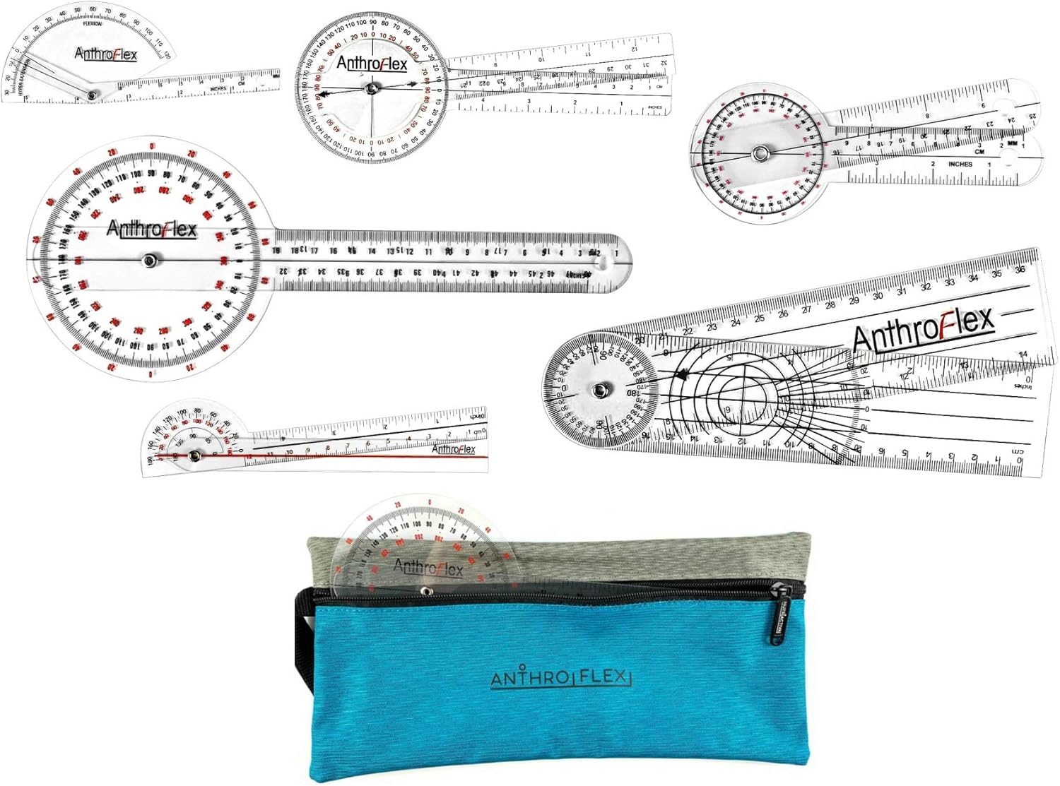 AnthroFlex Goniometer Set of 6 with Bag : 12", 8", 6", 180, Finger, Spinal - To Measure Range of Motion of Joints For Physical Therapy and Occupational Therapy - CM and Inches, Made of Durable Plastic: Health & Personal Care
