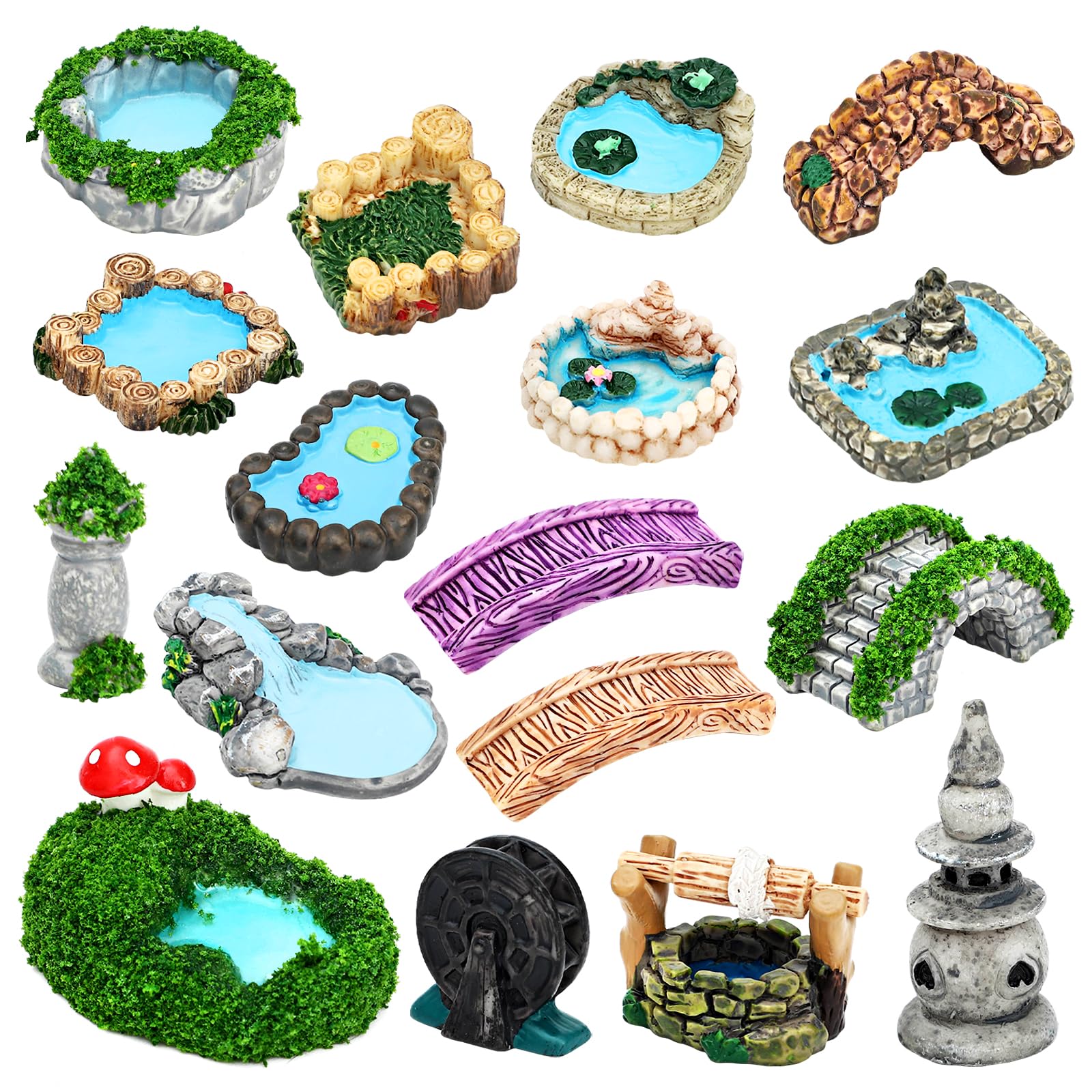 Photo 1 of ONEST 17 Pieces Garden Miniature Accessories Mini Bridge Lighthouse Well Pond Lawn Micro Landscape Ornament Figurines for DIY Craft Garden Decor