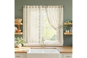 jinchan Small Window Curtains 45 Inch Length Linen Cafe Curtains for Kitchen Bathroom Bordered Floral Embroidered Short Drapes Rustic Farmhouse Light Filtering Curtain Set 2 Panels Green on Beige