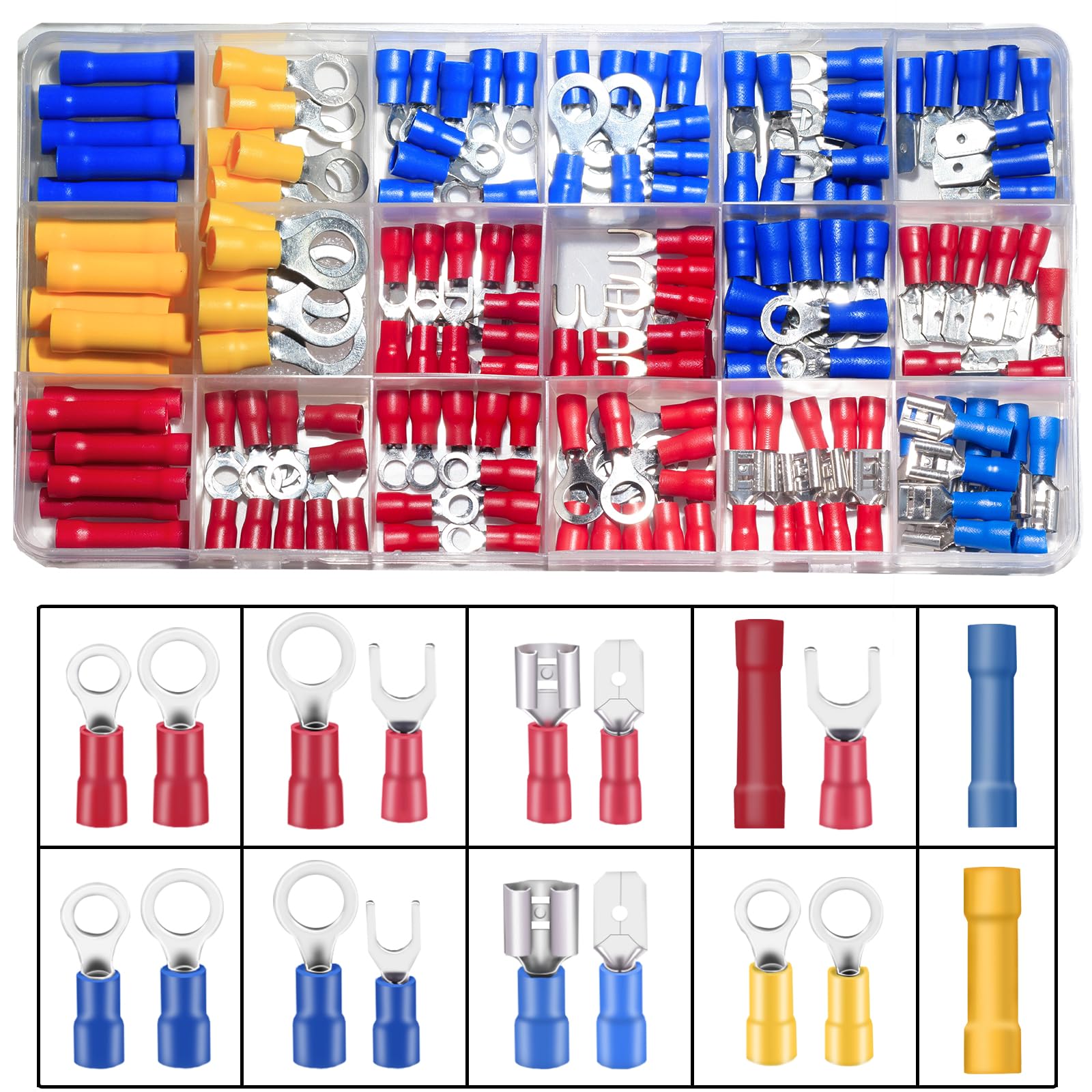 Photo 1 of 150PCS Mixed Quick Disconnect Electrical Insulated Butt Bullet Spade Fork Ring Solderless Crimp Terminals 18 Types Wire Connectors Assortment Kit