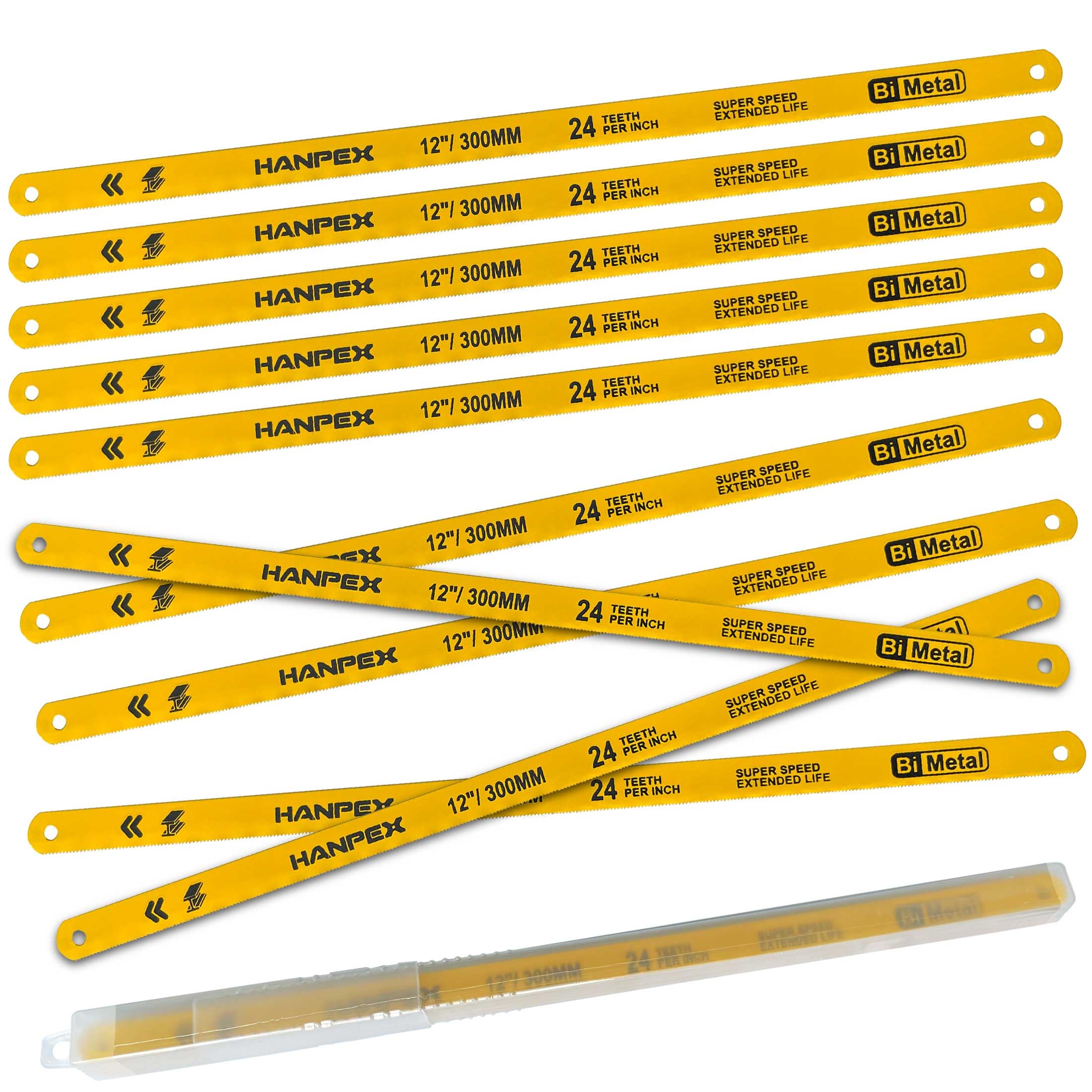 Hanpex 300mm Hacksaw Replacement Blades (10 Pack) High Speed 24 TPI - 12" Length Hack Saw Blade - Bi-Metal HSS Cutting Blades