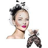 Boao Fascinator Hat for Women Feather Funeral Veil Hat Tea Party Derby Headband and Short Floral Lace Gloves