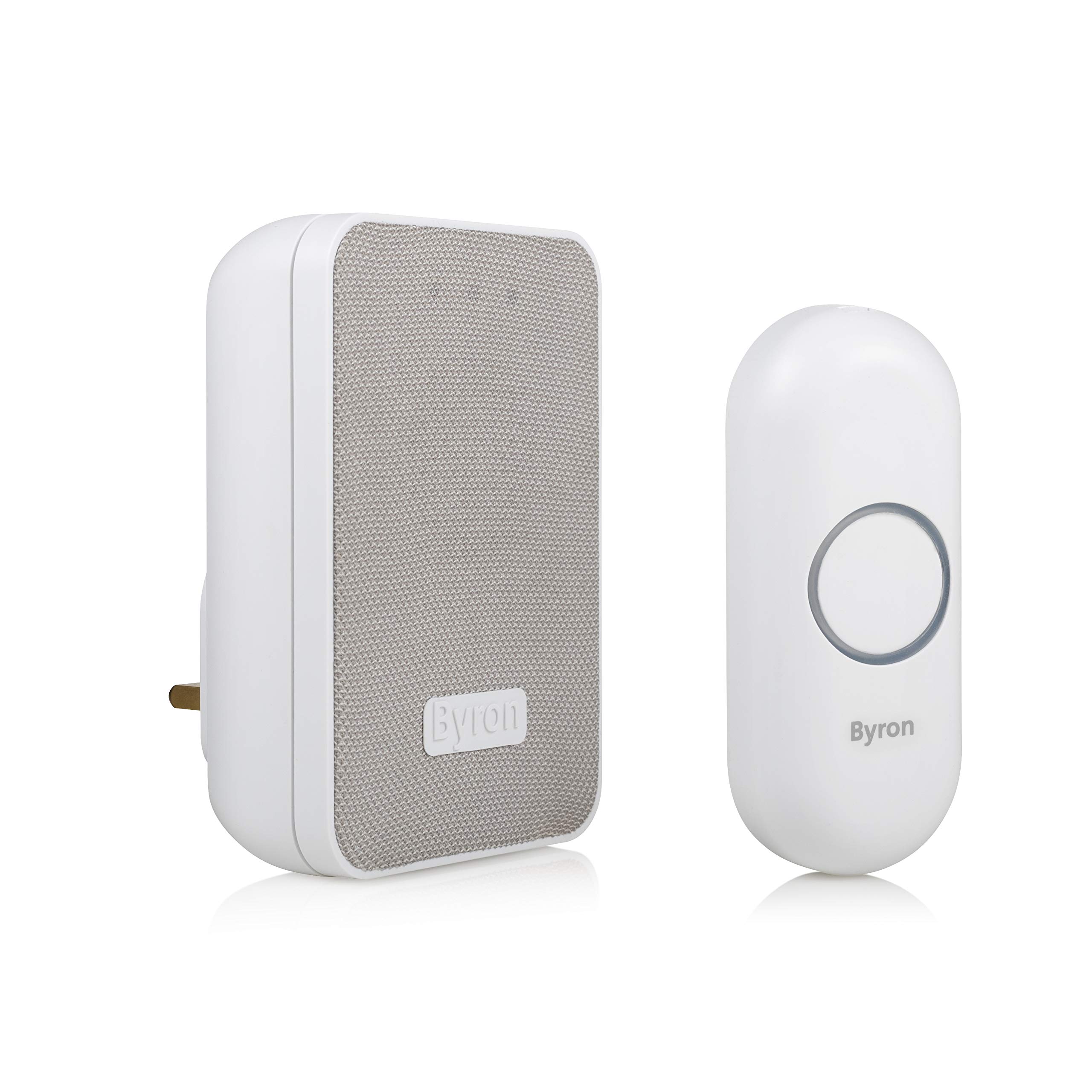 Byron DBY-22322UK Wireless Plug in Doorbell Set, 150 m Range, 16 Melodies, Visual Alert System, White & Grey mesh