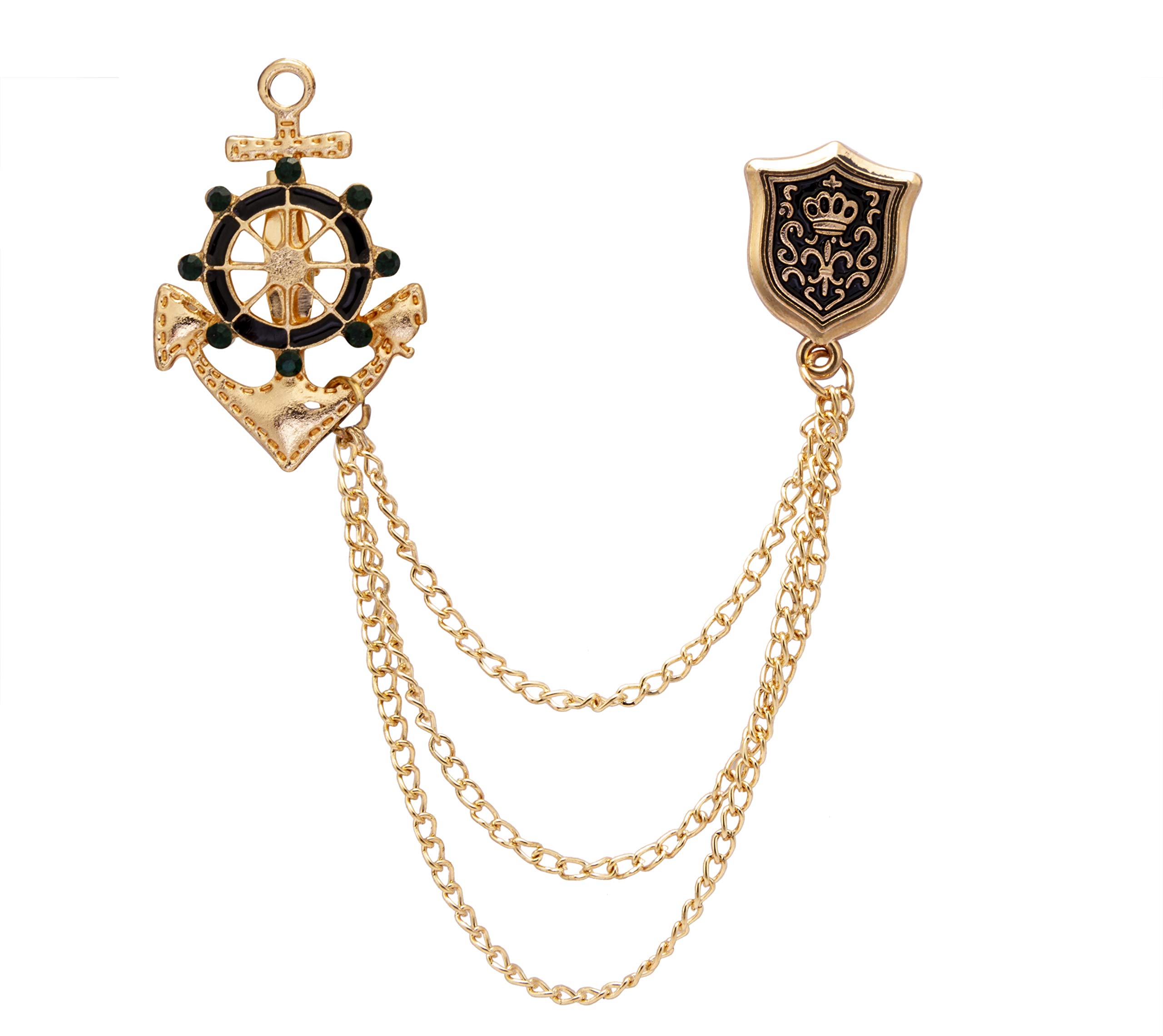 Knighthood Golden Anchor Rudder Ships Wheel with Shield and Hanging Chain Lapel Pin Badge Coat Suit Wedding Gift Party Shirt Collar Accessories Brooch for Men