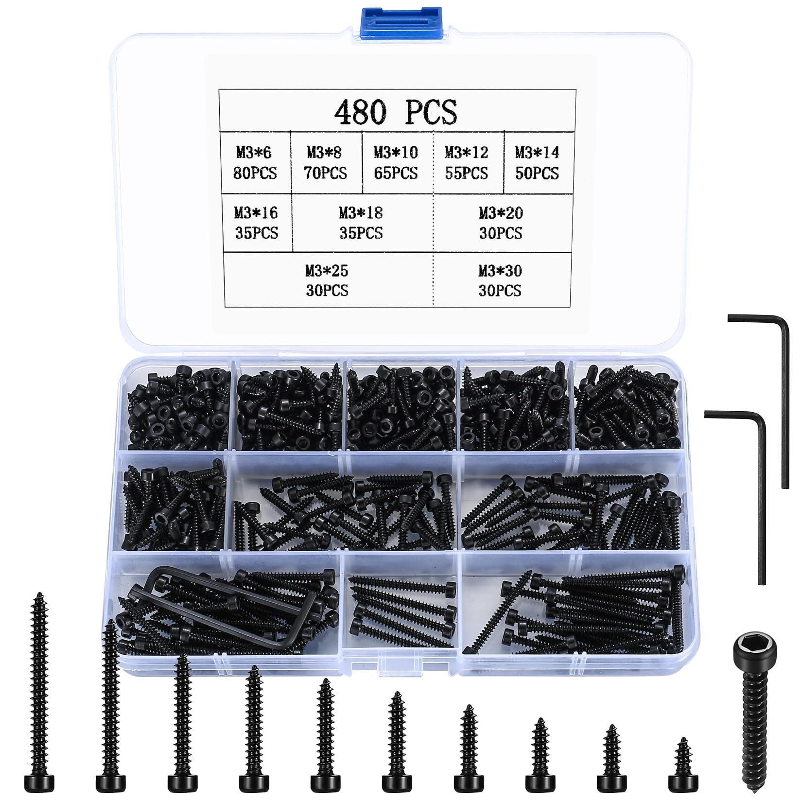 Speaker Screws, 480 Pcs carbon steel M3 Self Tapping Screws, Cylindrical Head Hex Socket Cap Head Screws, Metric Thread Trumpet Wood Screws Allen Machine Screws (480 black)