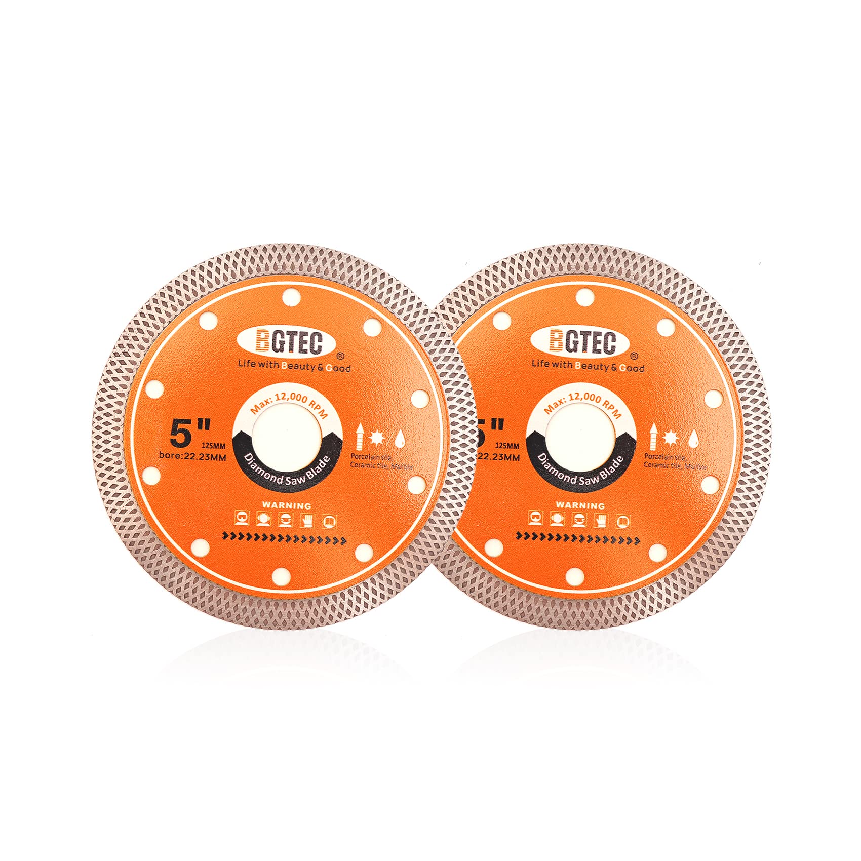 Super-Thin Diamond Tile Blade with Mesh Rim,BGTEC 2Pcs 5 Inch/125MM x Arbor 22.23mm Cutting Disc For Dry or Wet Cutting Porcelain Ceramic Marble Granite