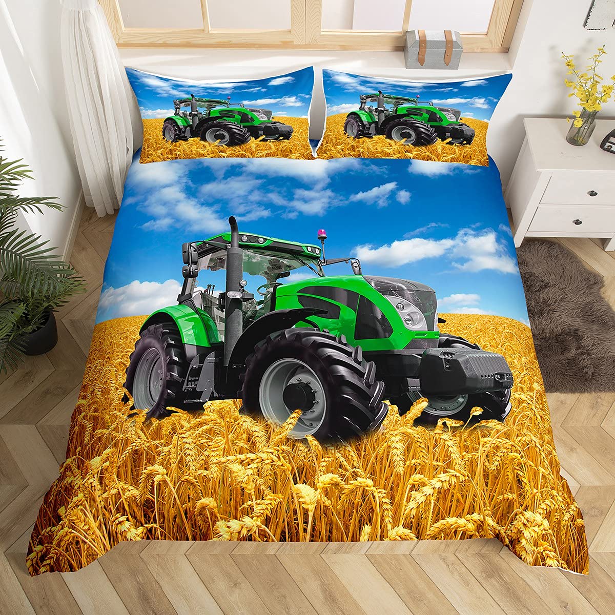Loussiesd Tractor Duvet Cover Specialized Machinery Comforter Cover Heavy Machinery Cars Bedding Set for Kids Adults Farmhouse Theme Bedspread Cover Ultra Soft Room Decor Double Bedclothes Zipper