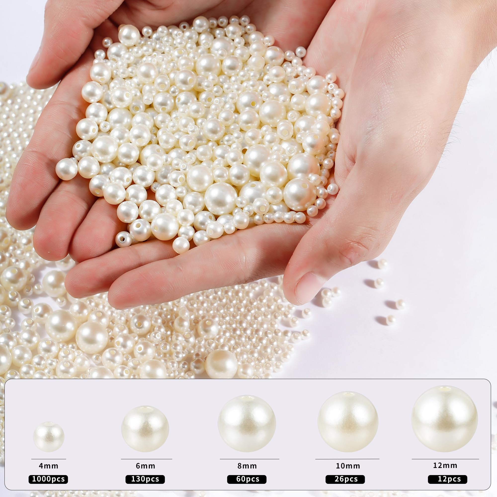 1200 Pcs Pearl Beads for Jewelry Making, 5 Size Round Pearls for Bracelets Making Kit Small Pearl Filler Beads with Hole for DIY Craft Necklace Earrings
