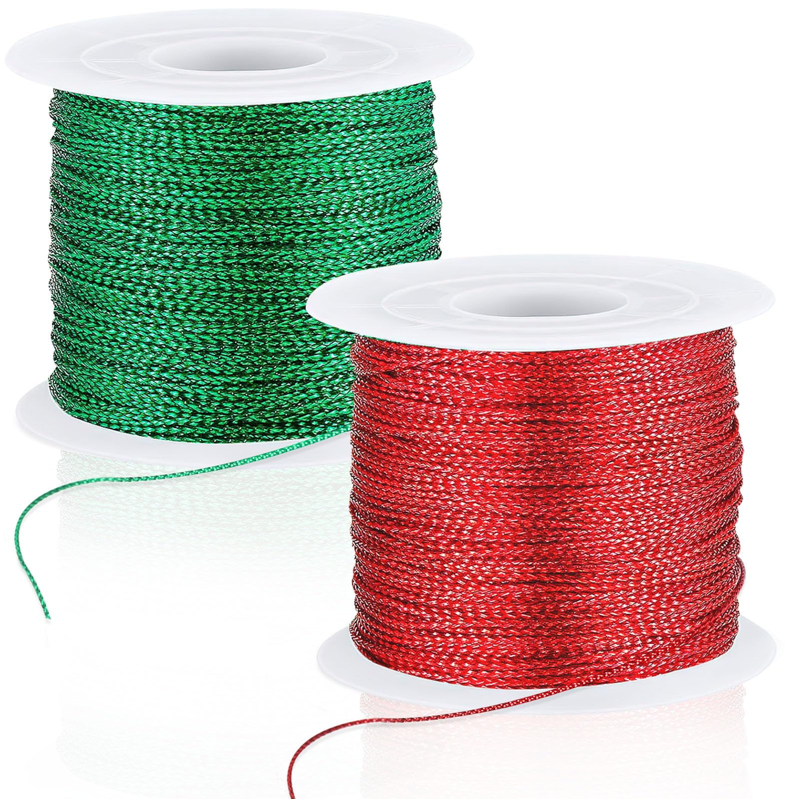 JUNEBRUSHS 218 Yards Christmas Metallic Ornament String, Christmas Cording Gold String Hanger for Crafts Ribbon Metallic Cord for Ornaments Hanging Decoration Jewelry Making Gift Wrap (Red, Green)
