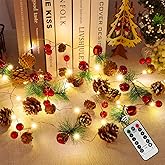 KITCADA Christmas Garland with String Lights 10 Ft 30 LED Pine Cone Red Berry Bells Garland Lights, Indoor Christmas Decorations for Home and Fireplace Mantel Decor,Christmas Tree Decor (Warm Color)
