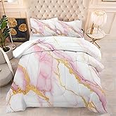 EDGZKO Girls Comforter Set Twin: Pink Marble Twin Bedding Sets for Teen Girls Tween Kids Pink and Gold Glitter Abstract Marbling Pastel Quilt Bed Set 1 Comforter & 1 Pillow Case