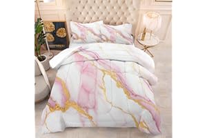 EDGZKO Girls Comforter Set Twin: Pink Marble Twin Bedding Sets for Teen Girls Tween Kids Pink and Gold Glitter Abstract Marbling Pastel Quilt Bed Set 1 Comforter & 1 Pillow Case