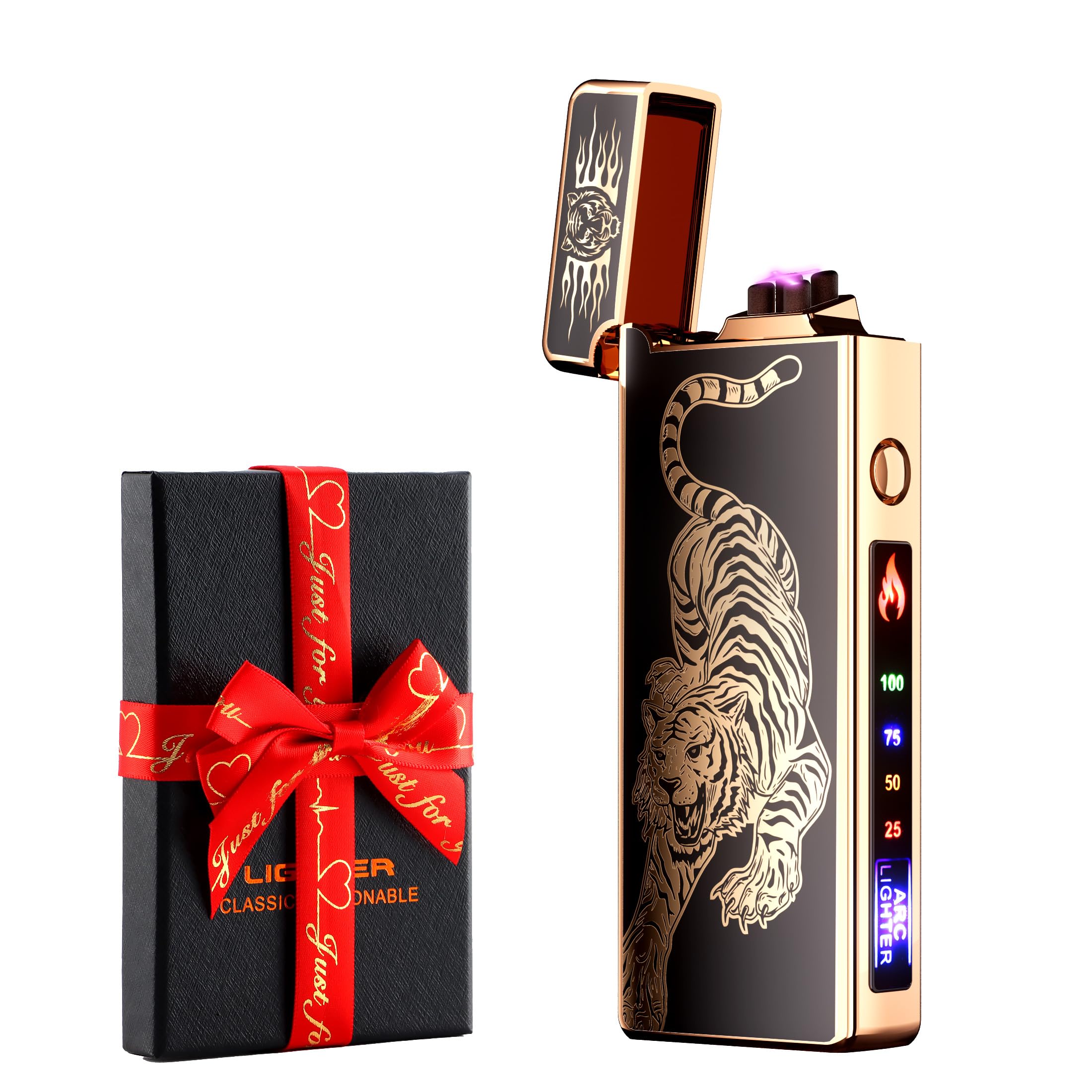 dachance Custom Personalized Cool Lighter Electric Gift Windproof USB Rechargeable Dual Arc for Camping Valentine's Day Gift (Tiger)