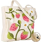 Miss Adola Embroidery Canvas Tote Bag for Women - Reusable Totes with Pocket & Buckle Aesthetic Cute Grocery Shoulder Bag