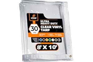 8' x 10' Clear Vinyl Tarp - 30 Mil Super Heavy Duty Transparent Waterproof PVC Tarpaulin with Brass Grommets - for Patio Enclosure, Temporary Wall, Camping, Tent Cover, Canopy - by Xpose Safety