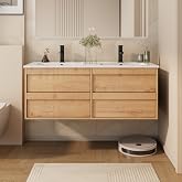 eclife 48" Floating Bathroom Vanity Sink Combo, Wall Mounted Modern Minimalist Storage Cabinet with 4 Drawers, Include White Sink, Faucet &amp; Drain, Natural