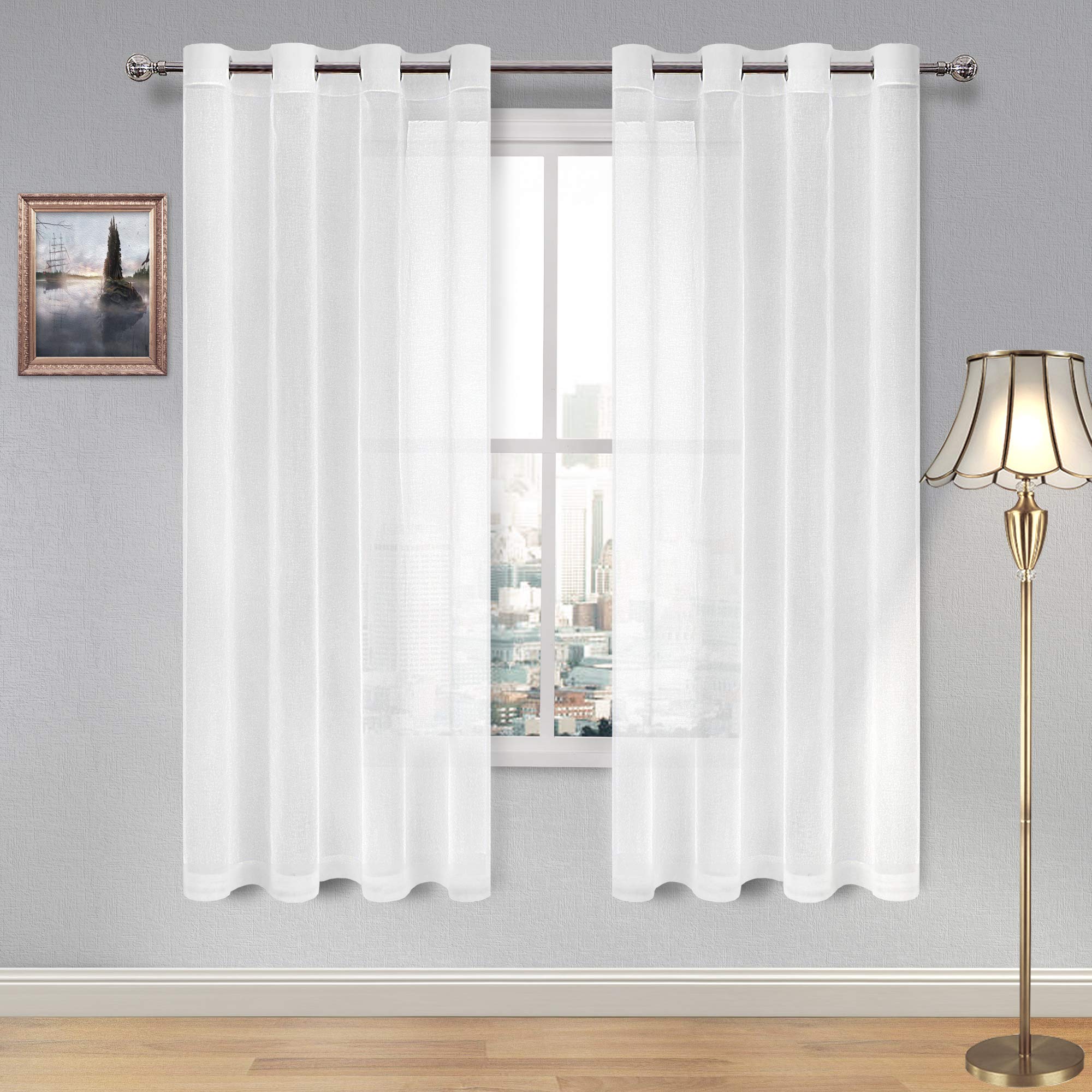 DWCN White Sheer Curtains Textured Semi Transparent Eyelet Top Decorative Voile Curtain for Living Bedroom, 46" Wide x 72" Drop, 2 Panels