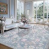 Blue 5x7 Area Rugs for Living Room Washable Soft Faux Fur Elegant Vintage Rugs Boho Floral Non Slip Stain Resistant Sound Absorbing Low Pile Carpet Rug for Bedroom Dining Room Nursery