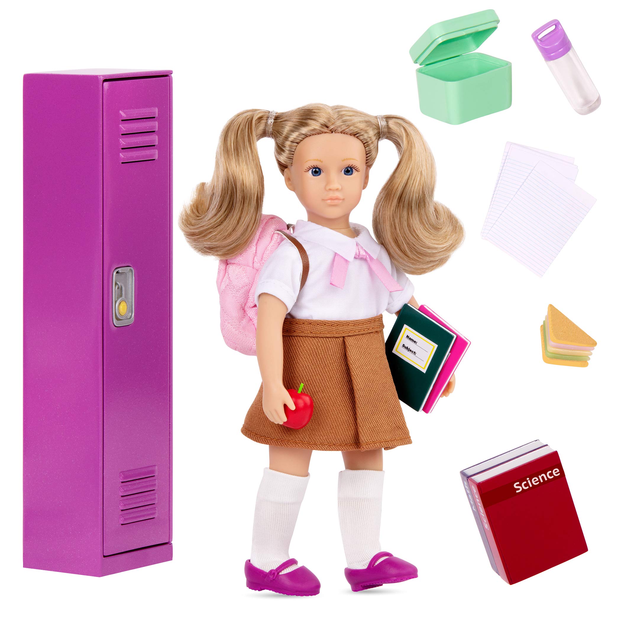 Lori Dolls – Alina’s School Locker Set – Mini Doll & School Play Set – 6-inch Doll with Locker & Accessories – Backpack, Books, Food – Playset for Kids – 3 Years +