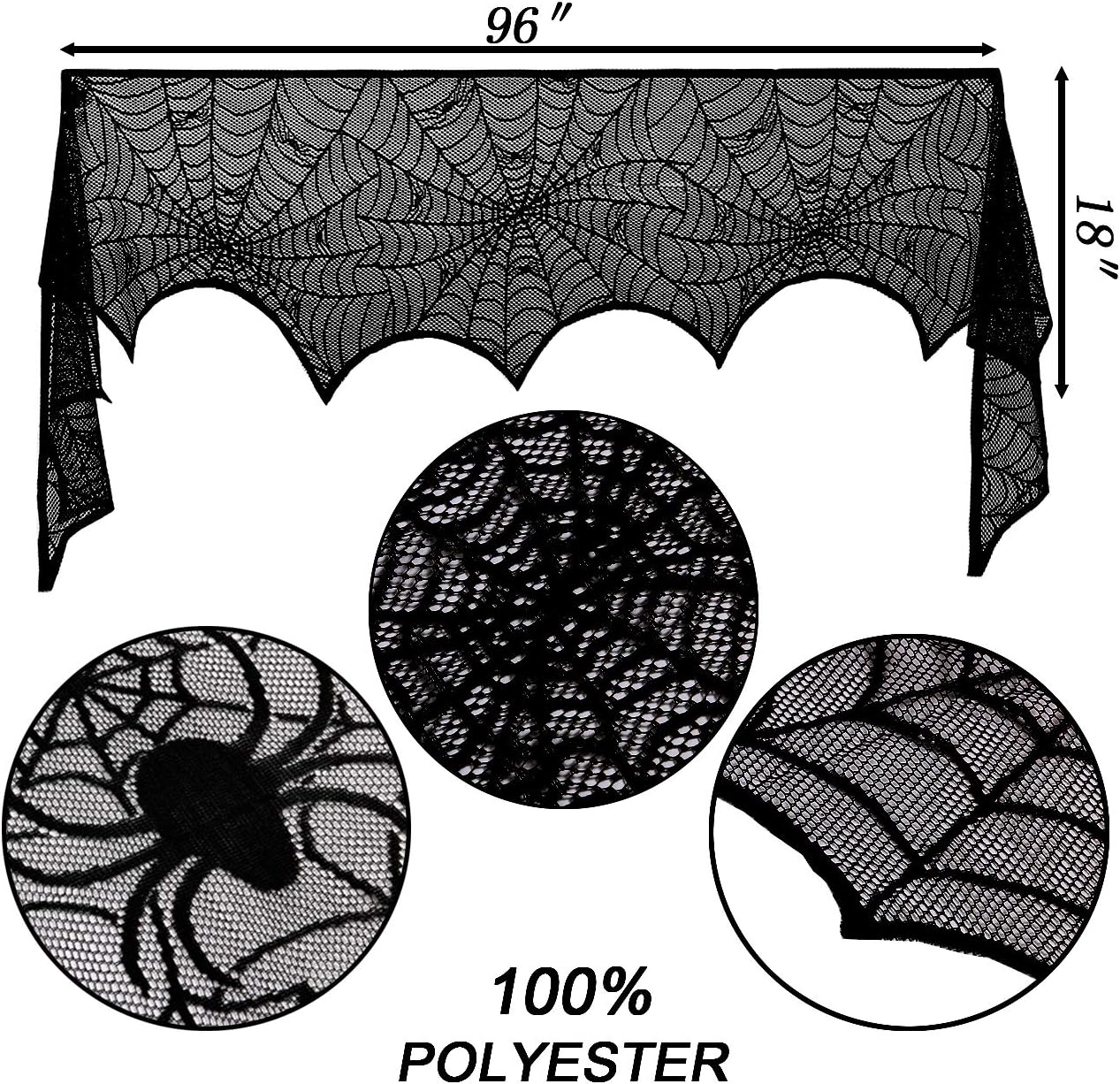 Sunnyglade Halloween 18"x96" Lace Spiderweb Fireplace Mantle Cover Fireplace Scarf & 54"x72" Rectangular Black Spider Web Lace Tablecloth, Festive Party Halloween Supplies: Kitchen & Dining