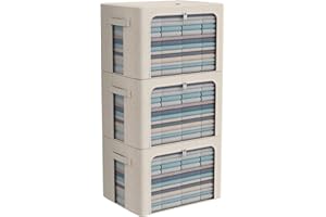 CYHOM 3Pack Foldable Storage Bins - Frame Storage Box Linen Fabric Stackable Clothes Container Organizer with Clear Window & Carry Handles Large Capacity (Large-66L, Beige)