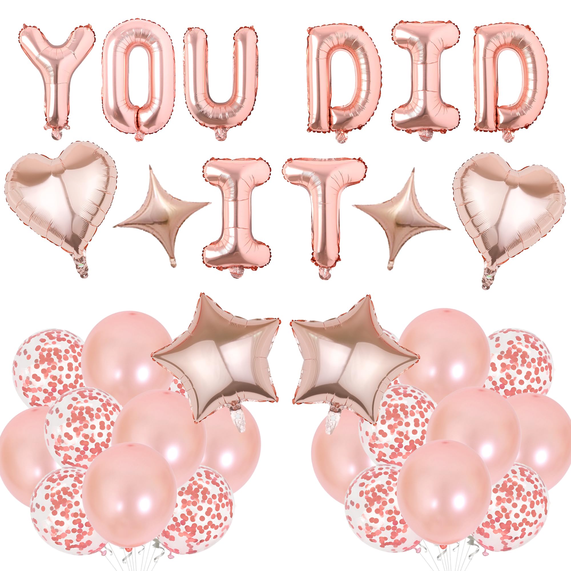 Graduation Decorations Congratulations Party Banner - You Did It Banners Rose Gold Well Done Decoration, Star Heart Foil Latex Balloon for Retirement Anniversary Wedding Party Supplies