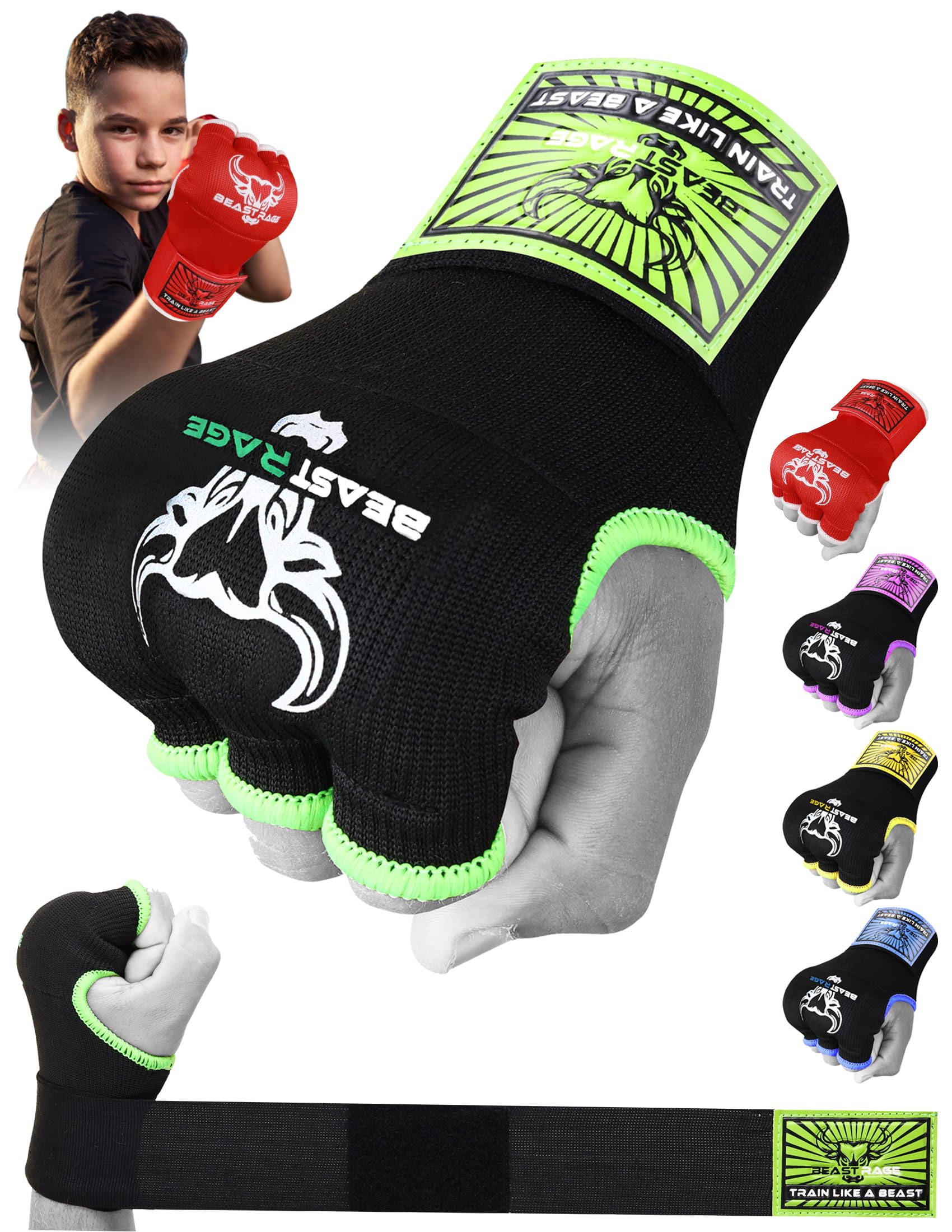 BEAST RAGE Boxing Wraps Hand Gel Gloves MMA 75cm Long Wrap Padded Elasticated Quick Boxing Punching Bag Training Muay Thai Hand Wraps set UFC Bandages For Mens Ladies kids (Kids Junior, Green)