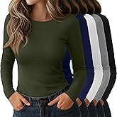 Oakgarden 5 Pack Women's Long Sleeve Shirts Crew Neck Raglan Basic Tops Slim Fitted Undershirts Stretchy Layering Baselayer