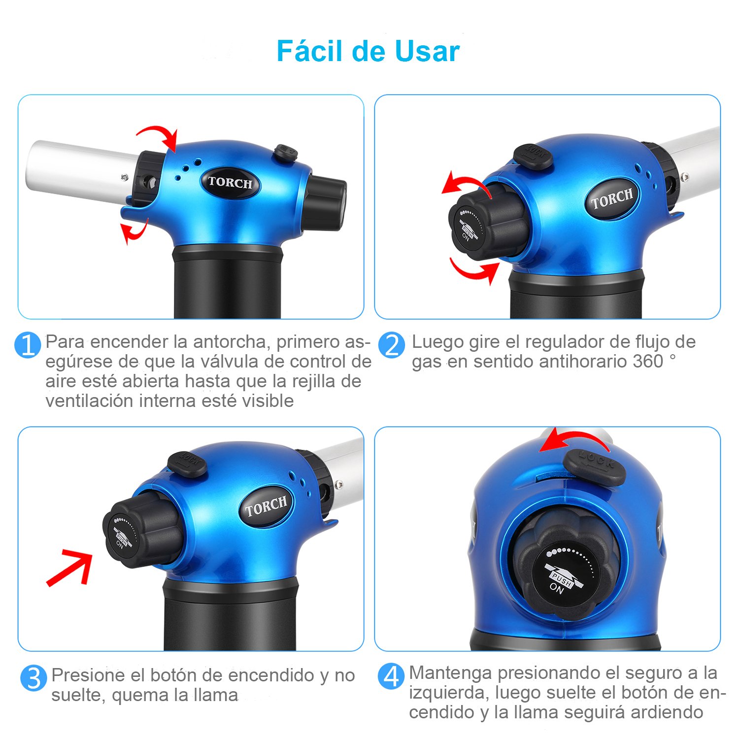 VOOKI Soplete de Cocina Profesional, Antorcha de Cocina Llama Ajustable para Budín de Caramelo, Carne, Barbacoa, Acampar y Hornear, Azul, （Butano No Incluidos）