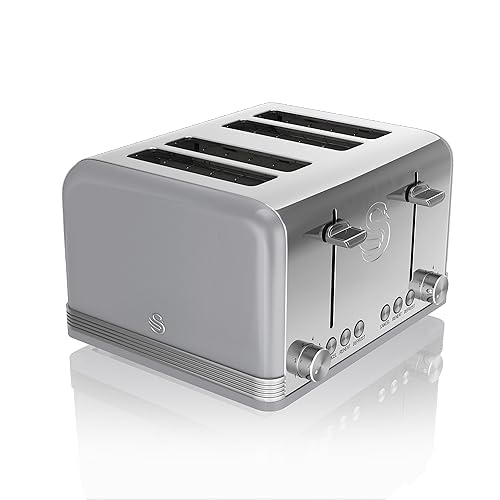 Swan ST19020GRN Retro 4-Slice Toaster with Defost/Reheat/Cancel Functions, Cord Storage, 1600W, Retro Grey
