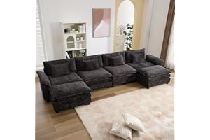 IPKIG 154" Sectional Sofa Cloud Couch, Chenille U-Shaped Couch Comfy Upholstered 4-Seat Sofa with 2 Ottoman, 4 Lumbar Pillow, Deep Seat Modular Sofa for Living Room, Apartment, Studio, Black, U-Shape