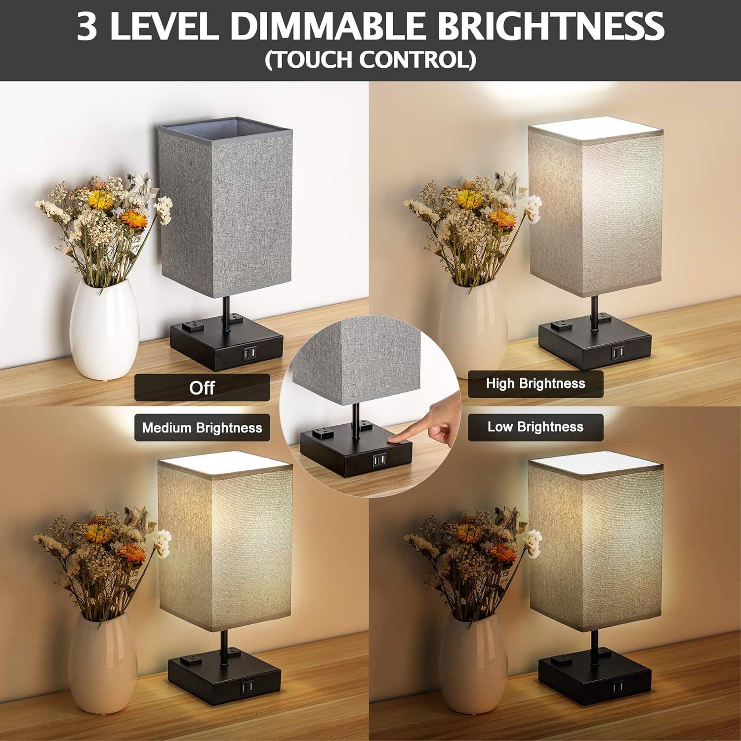 UL Approval Touch Control Table Lamp with USB and AC Outlet, SUPERDANNY 3-Way Dimmable Bedside Nightstand Lamp Modern Light, Desk Reading Lamp for Bedroom, Living Room, Gray, Set of 2…: Home Improvement